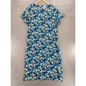 Calvin Klein Top Womens Large Blue Floral Chiffon Midi Short Sleeve Sheer Slits